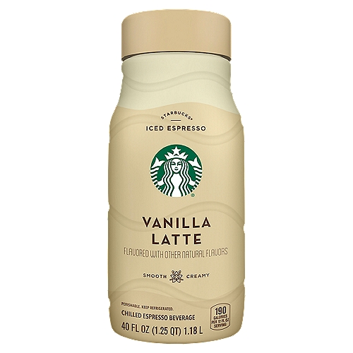 Starbucks Iced Espresso Chilled Espresso Beverage Vanilla Latte Flavored 40 Fl Oz Bottle
Starbucks coffee drinks offer the bold, delicious taste of coffee with the rich flavors you know and love. This indulgence is proof that you can enjoy a little Starbucks wherever you may be.

Inspired by a familiar favorite served in our cafés every day. Smooth vanilla flavor swirled with our bold espresso and creamy milk.