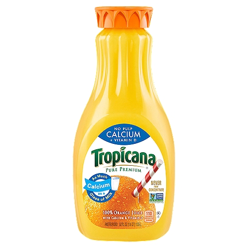 Tropicana Pure Premium No Pulp Calcium + Vitamin D 100% Orange Juice , 52 fl oz
Tropicana Juices are a great tasting and easy way to achieve a power-pack of nutrients with no added sugar. Tropicana Juices have the delicious taste you love and are a convenient way to get more Vitamin C in your diet.