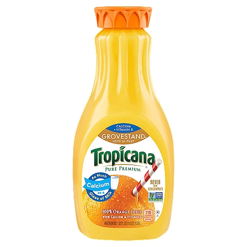 Tropicana Pure Premium Calcium + Vitamin D Grovestand Lots of Pulp 100% Orange Juice, 52 fl oz
Tropicana Juices are a great tasting and easy way to achieve a power-pack of nutrients with no added sugar. Tropicana Juices have the delicious taste you love and are a convenient way to get more Vitamin C in your diet.