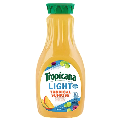Tropicana Chilled Juice Tropical Sunrise Light 52 Fluid Ounce
Light*
*70% Less Calories than Our Regular Chilled Drinks

No Sugar Added†
†No Sugar Added. See Nutrition Information for Total Sugar and Calorie Content.

Per 8 fl oz serving.
Our Light Tropical Sunrise Drink: sugar 3g, calories 25.
Our Regular Chilled Drinks: sugar 21g, calories 90.