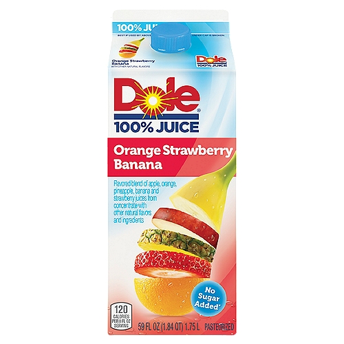 Dole 100% Juice Flavored Blend Of Juices Orange Strawberry Banana 59 Fl Oz
Flavored Blend of Apple, Orange, Pineapple, Banana and Strawberry Juices from Concentrate with Other Natural Flavors and Ingredients

Every Glass of Dole 100% Juice Contains:
No added sugar* or sweeteners
No artificial flavors
*Not a Low Calorie Food

Just one 8 fluid ounce glass of Dole 100% juice provides:
Two servings of fruit**
Excellent source of Vitamin C
**Per 8 fl. oz. serving. Under USDA's Dietary Guidelines, 4 fl. oz. of 100% juice = 1 serving of fruit. The guidelines recommend that you get a majority of your daily fruit servings from whole fruit.

Your whole family will love this robust and refreshing juice with the sweet flavor of oranges balanced by delicious banana and strawberry flavors.