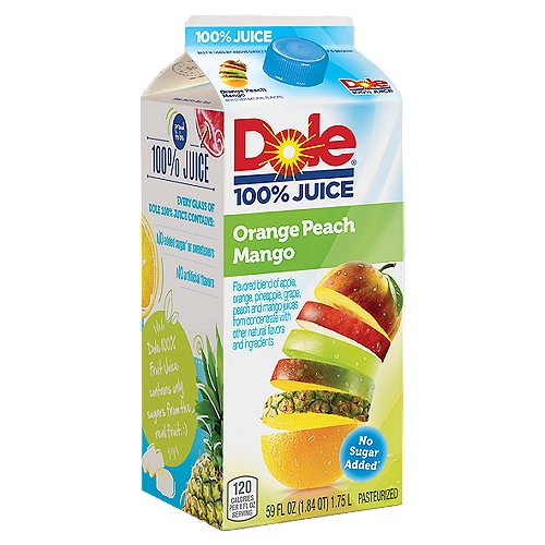 Dole 100% Juice Flavored Blend Of Juices Orange Peach Mango 59 Fl Oz
Flavored Blend of Apple, Orange, Pineapple, Grape, Peach and Mango Juices from Concentrate with Other Natural Flavors and Ingredients
Dole 100% Fruit Juice contains only sugars from the real fruit. :)

This intense combination made with the juice of oranges, peaches and mangos will take you for a walk on the wild side of adventurous fruit flavor.

No Sugar Added*
*Not a Low Calorie Food
See Nutrition Facts to further information on sugar and calorie content

Two servings of fruit**
**Per 8 fl. oz. serving. Under USDA's Dietary Guidelines, 4 fl 0z. of 100% juice = 1 serving of fruit. The guidelines recommend that you get a majority of your dally fruit servings from whole fruit.

