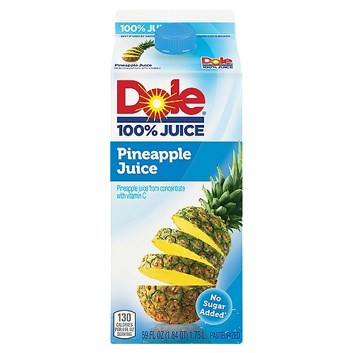 Pineapple Juice from Concentrate with Vitamin C

Just one 8 fluid ounce of glass of Dole 100% juice provides:
Two servings of fruit**
Excellent source of vitamin C
**Per 8 fl. oz. serving. Under USDA's Dietary Guidelines, 4 fl. oz. of 100% juice = 1 serving of fruit. The guidelines recommend that you get a majority of your daily fruit servings from whole fruit.

Every Glass of Dole 100% Juice Contains:
No added sugar* or sweeteners
No artificial flavors
*Not a low calorie food

Dole 100% fruit juice contains only sugars from the real fruit. :)

The whole fruit taste you love from a name you trust. Dole Juices.