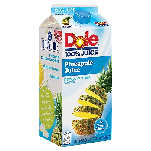 Dole 100% Juice Pineapple Juice 59 Fl Oz
Pineapple Juice from Concentrate with Vitamin C

Just one 8 fluid ounce of glass of Dole 100% juice provides:
Two servings of fruit**
Excellent source of vitamin C
**Per 8 fl. oz. serving. Under USDA's Dietary Guidelines, 4 fl. oz. of 100% juice = 1 serving of fruit. The guidelines recommend that you get a majority of your daily fruit servings from whole fruit.

Every Glass of Dole 100% Juice Contains:
No added sugar* or sweeteners
No artificial flavors
*Not a low calorie food

Dole 100% fruit juice contains only sugars from the real fruit. :)

The whole fruit taste you love from a name you trust. Dole Juices.