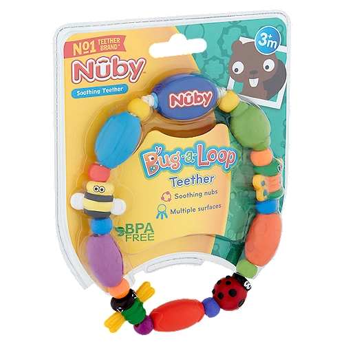 1. Massaging Nub-eez™ soothe and stimulate gums.n2. Multiple teething surfaces!nnThe Bug-a-Loop™ teether by Nûby™ provides textured surfaces for baby to bite and teethe on during teething periods. The teether is engineered with raised offset surfaces that assist in the eruption of teeth by gently massaging infant's gums. Colorful shapes are easy for baby to hold and sized for maximum effectiveness as a teether and soother.