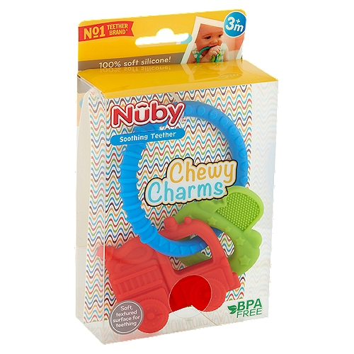 Nûby Chewy Charms Soothing Teether, 3m+
• 100% food grade silicone ring.
• Silicone ring is flexible and soft on babies gums and emerging teeth.

The new Nûby™ Chewy Charms™ teether ring's unique textured design provides comfort to baby's delicate gums. A variety of colors captivate your baby while the soft silicone shapes provide stimulation to gums and emerging teeth, which promote the transition from nursing to chewing. Chewy Charms™ teething rings are made of 100% food grade silicone. Chewy Charms™ exceeds all government safety regulations and standards.