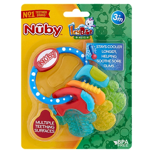 Nûby IcyBite Keys Multi-Surfaced Teether, 3m+
1. Textured surfaces massage and stimulate gums.
2. pûrICE technology provides gentle cooling
3. Easy grip design ideal for little hands.
4. Bright colors stimulate the senses.

The IcyBite Keys teether by Nûby™ provides a cool, textured surface for baby to bite and teethe on during teething periods. The cool surface soothes sore gums. IcyBite Keys teether has raised, offset surfaces that assist in the emergence of teeth by gently massaging infant's gums. Colorful shapes are easy for baby to hold and sized for maximum effectiveness as a teether. All Nûby™ products are made of safe, durable materials and exceed all government safety regulations and standards including Toy Safety Standard ASTM F963. pûrICE stays colder longer than water filled teethers.