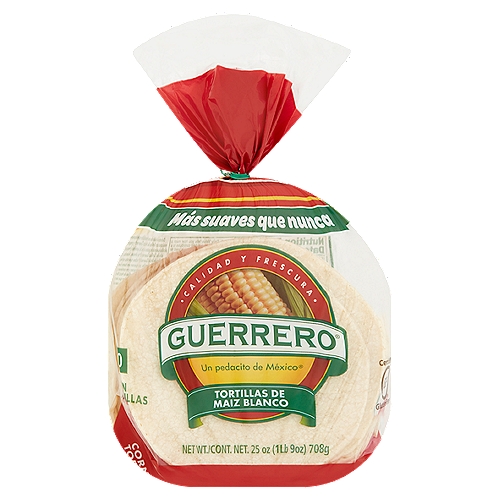 Guerrero Corn Tortillas, 30 count,  25 oz
Enjoy the authentic Mexican flavor and tradition with Guerrero® Corn Tortillas, and make whatever you crave most with the softness and freshness that only Guerrero® Tortillas offers you. Our Guerrero® Corn Tortillas are a good source of fiber, gluten free and low-fat, so you know that you are eating nutritiously and taking care of your family. Guerrero® White Corn Tortillas have the authentic taste that always brings a little piece of Mexico® to your table.