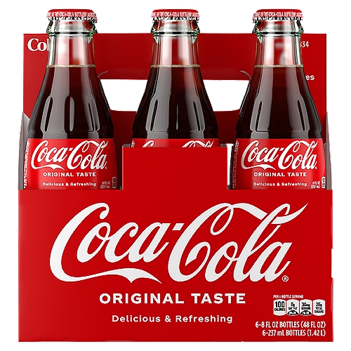 Coca-Cola Glass Bottles, 8 fl oz, 6 Pack
Soda. Pop. Soft drink. Sparkling beverage. 

Whatever you call it, nothing compares to the refreshing, crisp taste of Coca-Cola Original Taste, the delicious soda you know and love. Enjoy with friends, on the go or with a meal. Whatever the occasion, wherever you are, Coca-Cola Original Taste makes life's special moments a little bit better.

Every sip, every “ahhh,'' every smile—find that feeling with Coca-Cola Original Taste. Best enjoyed ice-cold for maximum refreshment. Grab a Coca-Cola Original Taste, take a sip and find your “ahhh'' moment.

Enjoy Coca-Cola Original Taste.