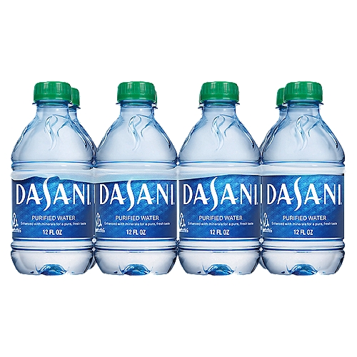 DASANI Purified Water Bottles, 12 fl oz, 8 Pack
DASANI water is purified using reverse osmosis filtration—a process that removes the impurities before it's bottled. Then it's enhanced, with a proprietary blend of minerals so that each bottle of DASANI has the pure, crisp and fresh taste that you want from water.

When you pick up a bottle of DASANI, you can quench your everyday thirst with a crisp and premium taste in a convenient package, making it the perfect beverage to enjoy at work or school, on-the-go or at home.

DASANI is packaged in 100% recyclable* PlantBottle made from up to 30% plant-based material. These special bottles are created just for our water. Perfect for hydration throughout the day, they can be refilled, reused, and recycled.

*Excludes label and cap.

With every sip of DASANI, you aren't just enjoying a reliably fresh bottled water that brightens your day. You're helping work towards a better world.

Delightfully invigorating, DASANI is purified water that keeps your thirst quenched.