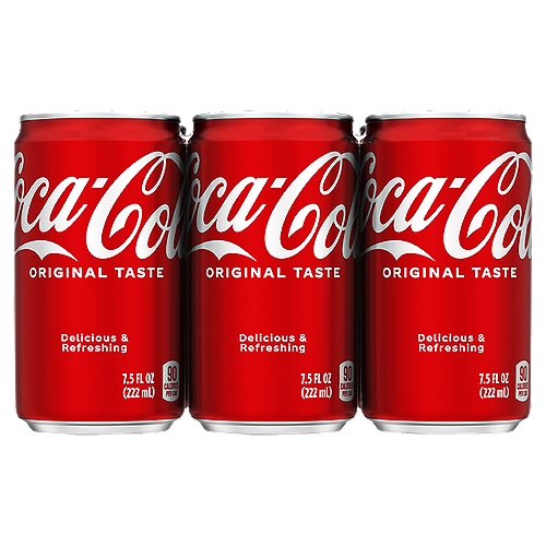 Coca-Cola Cans, 7.5 fl oz, 6 Pack
Soda. Pop. Soft drink. Sparkling beverage. 

Whatever you call it, nothing compares to the refreshing, crisp taste of Coca-Cola Original Taste, the delicious soda you know and love. Enjoy with friends, on the go or with a meal. Whatever the occasion, wherever you are, Coca-Cola Original Taste makes life's special moments a little bit better.

Carefully crafted in 1886, its great taste has stood the test of time. Something so delicious, so unique and so familiar, it's what makes you think “Coca-Cola'' whenever you hear “soft drink.'' Between that perfect taste and refreshing fizz, it's sure to give you that “ahhh'' moment whenever you want it. 

Coca-Cola is available in many different options in addition to Original Taste, including a variety of all-time favorite flavors like Coca-Cola Cherry and Coca-Cola Vanilla. Looking for something zero sugar or caffeine free? Then look no further than Coca-Cola Zero Sugar and Coca-Cola Caffeine Free. Whatever you're looking for in a soda, there's a Coca-Cola to satisfy your taste buds.
 
Every sip, every “ahhh,'' every smile—find that feeling with Coca-Cola Original Taste. Best enjoyed ice-cold for maximum refreshment. Grab a Coca-Cola Original Taste, take a sip and find your “ahhh'' moment.

Enjoy Coca-Cola Original Taste.

• 6 cans of Coca-Cola Original Taste—the refreshing, crisp taste you know and love
• Great taste since 1886
• 21 mg of caffeine in each 7.5 oz serving
• 7.5 FL OZ in each can
• This sparkling beverage is best enjoyed ice-cold for maximum refreshment