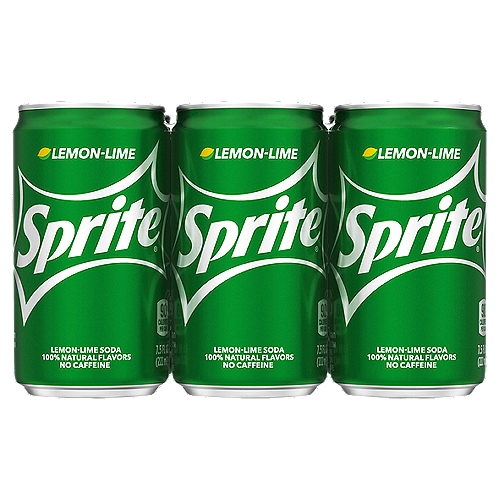 Sprite Cans, 7.5 fl oz, 6 Pack
Lemon-Lime Soda

Some people know it simply as a lemon-lime flavored soft drink, but most know it as Sprite. The OG, the head honcho in the lemon-lime soda biz. The flavor that started it all.

It should come as no surprise why Sprite and lemon-lime have become synonymous. As the awe-inspiring trendsetter of the iconic flavor, Sprite never fails to deliver an extremely satisfying taste. With 100% natural flavors, and caffeine-free, you can enjoy at any time of day.