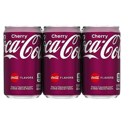 Coca-Cola Cherry Cans, 7.5 fl oz, 6 Pack
Soda. Pop. Soft drink. Sparkling beverage. 

Whatever you call it, nothing compares to the refreshing, crisp taste of Coca-Cola Cherry. A little flavor can make a lot of magic happen and Coca-Cola Cherry is here to make your taste buds happy. Enjoy with friends, on the go or with a meal. Whatever the occasion, Coca-Cola Cherry makes life's special moments a little bit better.

Every sip, every “ahhh,” every smile—find that feeling with Coca-Cola Cherry. Best enjoyed ice-cold for maximum refreshment. Grab a Coca-Cola Cherry and find your “ahhh” moment.

Enjoy Coca-Cola Cherry.