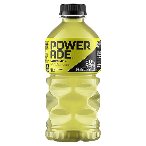 POWERADE Lemon Lime Bottle, 28 fl oz
Helping to keep you hydrated is our number one job. Giving it your all is yours. POWERADE is equipped with a unique Advanced Electrolyte Solution called ION4 that helps replace the four electrolytes lost when you sweat: sodium, potassium, calcium and magnesium. Which means more power for you. So don't sweat it. Or better yet, do.

POWERADE. More Power For Me.

Sports Drink

Ion4®
Advanced Electrolyte System

Na: Sodium
K: Potassium
Ca: Calcium
Mg: Magnesium