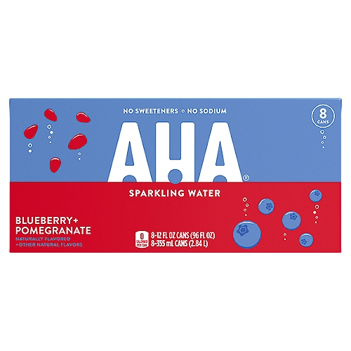 Aha Blueberry Pomegranate Cans, 12 fl oz, 8 Pack
A Renewed Sense of Hydration.

AHA! You've discovered the new taste of sparkling water. But not just any sparkling water, you've found a delightful duo of flavors—a unique and renewing combination of blueberry and pomegranate that's sure to delight your taste buds. 

For a renewed sense of hydration, try the unique, flavor-forward combination of AHA Blueberry + Pomegranate. Whether you call it seltzer, carbonated water, or fizzy beverage, AHA's bold flavor pairings offer a unique flavored sparkling water experience unlike all the rest—and with no sodium, no sweeteners, and no calories.

Discover the renewing taste of AHA Blueberry + Pomegranate.