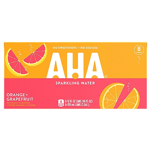 Aha Orange Grapefruit Cans, 12 fl oz, 8 Pack
AHA! You've discovered the new taste of sparkling water. But not just any sparkling water, you've found a delightful duo of flavors—a unique and awakening combination of orange and grapefruit that's sure to delight your taste buds. 

For flavors to invigorate your vibe, try the unique, flavor-forward combination of AHA Orange + Grapefruit. Whether you call it seltzer, carbonated water, or fizzy beverage, AHA's bold flavor pairings offer a unique flavored sparkling water experience unlike all the rest—and with no sodium, no sweeteners, and no calories.
 
Discover the awakening taste of AHA Orange + Grapefruit.