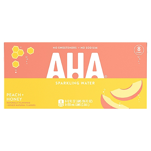 Aha Peach Honey Cans, 12 fl oz, 8 Pack
AHA! You've discovered the new taste of sparkling water. But not just any sparkling water, you've found a delightful duo of flavors—a unique and renewing combination of peach and honey that's sure to delight your taste buds. 

For a renewed sense of hydration, try the unique, flavor-forward combination of AHA Peach + Honey. Whether you call it seltzer, carbonated water, or fizzy beverage, AHA's bold flavor pairings offer a unique flavored sparkling water experience unlike all the rest—and with no sodium, no sweeteners, and no calories.
 
Discover the renewing taste of AHA Peach + Honey.