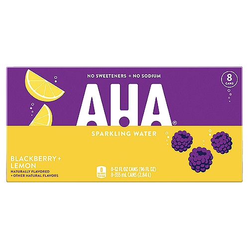 Aha Blackberry Lemon Cans, 12 fl oz, 8 Pack
AHA! You've discovered the new taste of sparkling water. But not just any sparkling water, you've found a delightful duo of flavors—a unique and renewing combination of blackberry and lemon that's sure to delight your taste buds.
