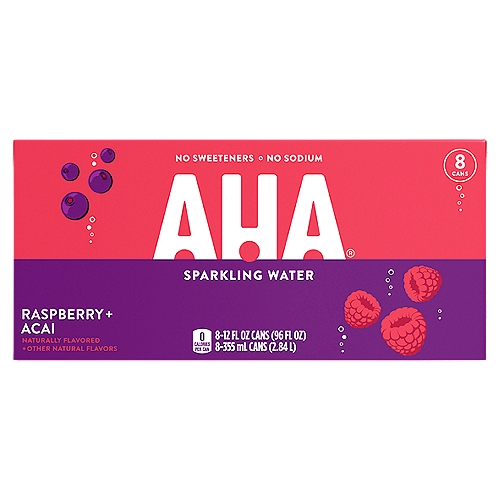 Aha Raspberry Acai Cans, 12 fl oz, 8 Pack
AHA! You've discovered the new taste of sparkling water. But not just any sparkling water, you've found a delightful duo of flavors—a unique and renewing combination of raspberry and acai that's sure to delight your taste buds. Because when it comes to flavor, we didn't stop at just one.

 
For a renewed sense of hydration, try the flavor-forward combination of AHA Raspberry + Acai. Whether you call it seltzer, carbonated water, or fizzy beverage, AHA's bold flavor pairings offer a unique flavored sparkling water experience unlike all the rest—and with no sodium, no sweeteners, and no calories.
 
All the flavor, all the sparkle—AHA is two big flavors in one delightful drink. With one sip, AHA's flavors will liven up your day and help you see what you were missing.
 
If you're looking for flavor variety, Raspberry + Acai is only one of eight bold duos. AHA Sparkling Water comes in seven other unique flavor pairings that each have their own unique bold aroma and taste. And you can discover all the delicious combinations for yourself.
 
AHA's array of different flavor combinations will refresh, renew, and awaken your taste buds, and include Lime + Watermelon, Strawberry + Cucumber, Blueberry + Pomegranate, Orange + Grapefruit, and Peach + Honey. For an energizing flavor experience, try our delightful flavor duos of Mango + Black Tea and Citrus + Green Tea—sparkling water with a spark of caffeine.
 
Discover the renewing taste of AHA Raspberry + Acai.

• Try the renewing taste of AHA Raspberry + Acai sparkling water
• Whether you call it seltzer, carbonated water, or fizzy beverage, AHA's bold flavor pairings offer a unique sparkling water experience that will satisfy your thirst
• No sodium, no sweeteners, no calories
• 12 FL OZ per can
• One of eight unique flavor duos