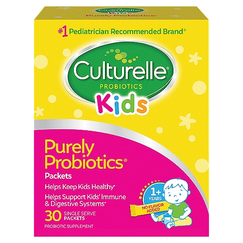 Culturelle Kids Daily Probiotic Packets, 30 count
Dietary Supplement

Exclusively with the proven effective probiotic††

Helps keep kids healthy*
Helps support kids' immune & digestive systems*
Works naturally with your child's body*

Help keep your kids healthy with Culturelle® Kids Packets the #1 pediatrician recommended brand.* Culturelle® Kids daily probiotic contains Lactobacillus rhamnosus GG (LGC®), which works naturally with your child's body to help support both immune and digestive health.* These safe and effective packets can be easily added to your child's favorite food or beverage to help keep them happy and healthy.*

Promotes immune support* + digestive health*
▪ The clinically proven effective probiotic in children, Lactobacillus rhamnosus GG (LGG®),†† helps support their natural immune defenses by working in your child's core where 70% of their immune system resides.*
▪ Restores the natural balance of good bacteria in their digestive tract to help support a healthy digestive system.*

Exclusively Powered by the LGG® Probiotic.
The Single-Strain Super Probiotic.
Lactobacillus rhamnosus GG (LGG®) is the clinically proven effective strain in Culturelle®.†† It's the only one you need to help support good digestion and immune health.* You can trust Culturelle®, the expert in probiotics, because it is the only leading brand with 100% pure LGG®.

Only Culturelle® Combines:
LGG® - 100% of the proven effective probiotic.††
Guaranteed potency through the expiration date vs. just the time of manufacture.***
Dairy-free.^ Gluten-free.▲ Non GMO.

Contains none of the following: artificial dyes, preservatives, dairy,^ lactose, milk, yeast, wheat, sugar,‡ gluten▲ or soy.

Guarantee Purity, Potency
We certify that our products meet the highest standards of purity and potency.***

*These statements have not been evaluated by the Food and Drug Administration. This product is not intended to diagnose, treat, cure or prevent any disease.
†† Based on the studies of Lactobacillus rhamnosus GG for a range of benefits throughout the lifespan.
***Guaranteed potency through date on box when stored as directed.
^ While there are no dairy-derived ingredients in the product, it is produced in a facility that also handles dairy ingredients.
▲ Meets the FDA's guidelines for gluten-free.
‡ Contains sucrose which adds a dietarily insignificant amount of sugar. Not a reduced calorie food.