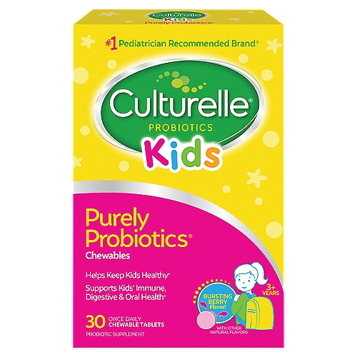 Helps keep kids healthy*
Supports kids' immune, digestive & oral health*

Culturelle® Kids Purely Probiotics® Chewables are formulated to help keep your kids healthy & at their best, for whatever the day may bring.*
This product contains LGG® probiotic, the most clinically studied strain in children†, to help support both immune and digestive health.
Supports natural immune defenses*
Boosts digestive health*
Promotes healthy teeth & gums*
*These Statements Have Not Been Evaluated by the Food and Drug Administration. This Product is Not Intended to Diagnose, Treat, Cure or Prevent Any Disease.

Naturally Sourced LGG®

Most Researched Strain in Children†
† Based on the number of studies of Lactobacillus rhamnosus GG as of January 2019.

Guaranteed Purity & Potency***
*** Guaranteed potency through date on box when stored as directed.

Dairy Gluten▲ Soy Free
▲ Meets the FDA's guidelines for gluten-free.

The culturelle® difference∞
∞ Excludes gummy formulas.