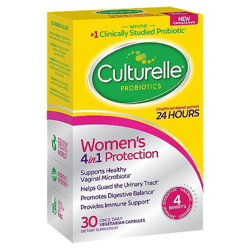 Culturelle Digestive Health Women's Probiotics Healthy Balance Vegetarian Capsules, 30 count
Dietary Supplement

Supports vaginal health & digestive health*
Promotes the natural balance of good bacteria & yeast*

From Culturelle,® the Expert in Probiotics
Women's Healthy Balance is specifically designed for a woman's health needs. Only Culturelle® Women's Healthy Balance combines a unique blend of four lactobacilli most dominant in a healthy vagina for feminine health and Lactobacillus rhamnosus GG (LGG®) to help maintain a healthy balance of good bacteria in your body to promote digestive health, and overall wellness,*

Digestive Health* + Feminine health* + Overall wellness*
*These statements have not been evaluated by the food and drug administration. This product is not intended to diagnose, treat, cure or prevent any disease.

Contains none of the following: artificial dyes, artificial preservatives, dairy^, lactose, milk, yeast, wheat, sugar‡, gluten▴or soy.
^ While there are no dairy-derived ingredients in the product, it is produced in a facility that also handles dairy ingredients.
▴ Meets the FDA's guidelines for gluten-free.
‡ Contains sucrose which adds a dietarily insignificant amount of sugar. Not a reduced calorie food.