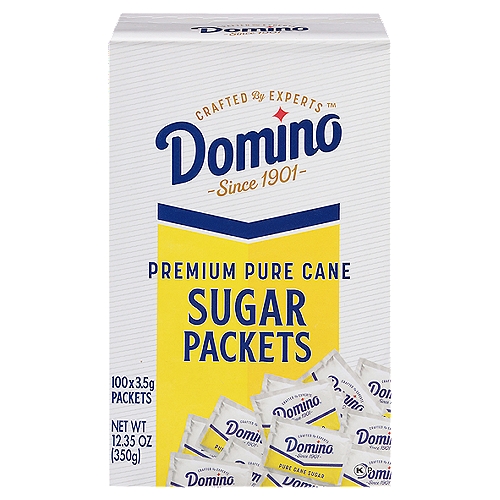 Domino Premium Pure Cane Sugar Packets, 100 count, 12.35 oz
Conveniently enjoy every sweet moment with Domino® Sugar Packets. Each packet contains 3.5 grams of pure cane sugar. Whether you are at home, in the office or on the move, just open, pour and savor the delicious taste of Domino® Sugar wherever you go. 
•Convenience on the go 
•We use the highest standard to maintain the naturally sweet flavor found in the sugarcane plant 
•Gluten free 
•Kosher certified 
•Non-GMO Project verified 
•Pure cane sugar