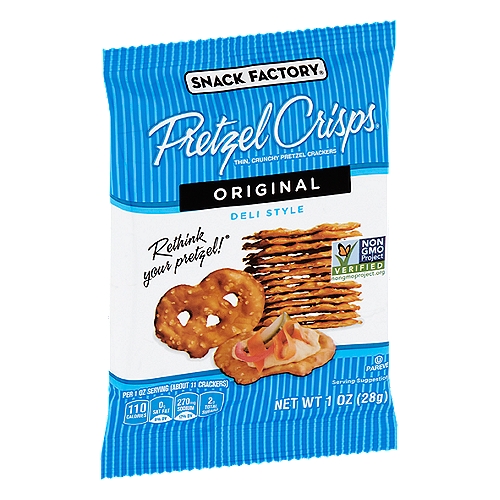 Snack Factory Original Deli Style Pretzel Crisps, 1 oz
Crunch'em. Crack'em. Dip'em. Stack'em.™
Pretzel Crisps® are a modern twist on an old favorite. They're the best part of the pretzel - all the flavor and crunch you love - but lighter, crispier, and more versatile than ever before.
These 1 oz. bags are great for people on the go, and with 110 calories, they're a perfect sized snack.
One bite and you'll Rethink Your Pretzel!®