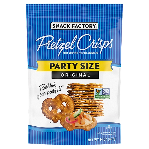 Snack Factory Pretzel Crisps, Original, Party Size, 14 Oz
Snack Factory® Original Pretzel Crisps are a modern twist on traditional pretzels. Made with quality ingredients and baked up thin and crunchy, this tasty snack is a gourmet alternative to an old favorite. Our Pretzel Crisps give you the best part of pretzels without the doughy center, for a satisfying, hearty crunch in a sturdy shape that's dippable, toppable, and deliciously snackable. Baked just right and perfectly salted, their slim but sturdy profile holds up to almost anything, so Pretzel Crisps pair perfectly with salsa, hummus, cheese, or any of your favorite dips. For a tasty, sweet treat, dip them in ice cream or chocolate. They'll also satisfy straight out of the bag. Keep the convenient, resealable 14-ounce pretzel bags ready in your pantry. Since they're so incredibly versatile, our Pretzel Crisps are ideal for serving to guests. You'll also want to keep plenty of them on hand as a delicious anytime snack for you and your family. Dip or no dip, our Original Snack Factory Pretzel Crisps are flat-out delicious.
