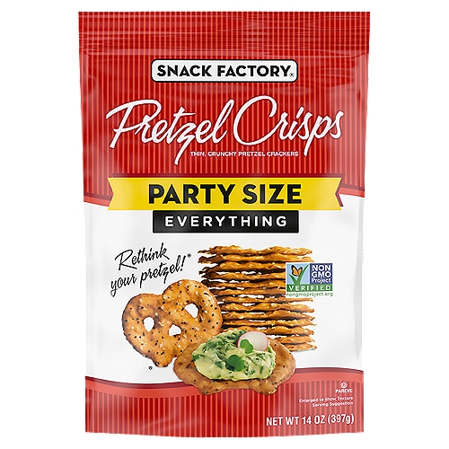 Snack Factory Pretzel Crisps Everything Pretzel Crackers Party Size, 14 oz
Snack Factory Everything Pretzel Crisps are a modern twist on two old favorites - pretzels and bagels. Our Pretzel Crisps are always baked thin and crunchy with savory, gourmet flavor. They're a satisfying snack paired with your favorite dip, or right out of the bag. The resealable, 14-ounce party-size of our Pretzel Crisps is great for crowds.