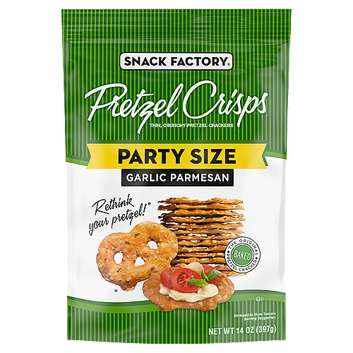 Snack Factory Pretzel Crisps Garlic Parmesan Pretzel Crackers Party Size, 14 oz
Snack Factory Garlic Parmesan Pretzel Crisps are a flavorful twist on traditional pretzels. Baked thin and crunchy along with savory garlic and parmesan, this snack is a tasty alternative to an old favorite. Pretzel Crisps give you the best part of pretzels without the doughy center. That means our Pretzel Crisps are always thin and tasty with the hearty crunch you love. Baked just right, they pair perfectly with your favorite veggie or artichoke dip and are a great addition to a charcuterie board. They're also sure to satisfy straight out of the bag. Dippable, toppable, and incredibly snackable, Pretzel Crisps are ideal to serve at parties or share with friends and family. You'll also want to keep plenty of them on hand as a delicious anytime snack. Our resealable, party-size, 14-ounce pretzel bags help keep your Pretzel Crisps fresh while making it easy to stock your pantry. Dip or no dip, our Garlic Parmesan Snack Factory Pretzel Crisps are flat-out delicious.