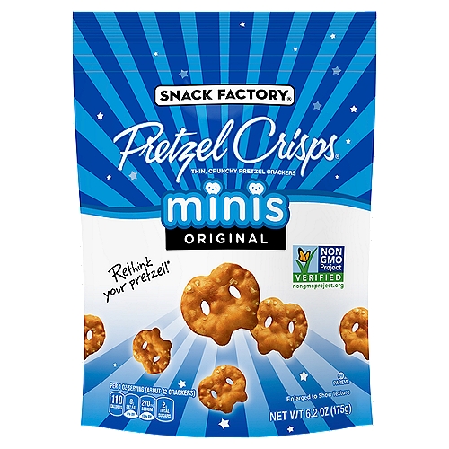 Snack Factory Pretzel Crisps Minis, Original Flavor, 6.2 Oz Bag
Original Minis are bite-sized versions of Pretzel Crisps Original flavor with the same great taste! These mini Pretzel Crisps are a wholesome and fun snack for adults and kids of all ages.

Thin, Crunchy Pretzel Crackers

Rethink your pretzel!®

To Pretzel Crisps® Lovers of All Sizes:
This is a package of bite-size Minis from Pretzel Crisps®.
We made them especially tiny for kids of all ages, from 5 to 95. Because sometimes you just want a teeny bite of something wonderful.
So go ahead and try our special recipe-we guarantee they're as wholesome and delicious as our regular Pretzel Crisps®. Just tinier!