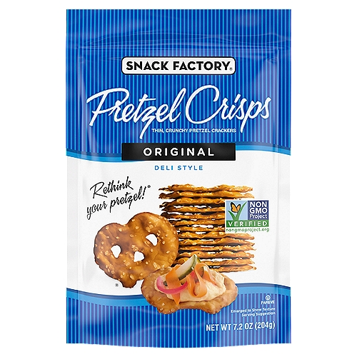 Dip or no dip, Snack Factory Original Pretzel Crisps are flat-out delicious. A modern, gourmet twist on an old favorite, these thin and crunchy pretzel chips give you the best part of traditional pretzels without the doughy center. They're perfectly salted and baked just right for a hearty, satisfying crunch in a slim, sturdy shape that's dippable, toppable and deliciously snackable. Snack Factory pretzel thins hold up to almost anything, so they pair perfectly with salsa, hummus, cheese or any of your favorite dips. For a tasty sweet treat, dip them in ice cream or chocolate. Looking for a quick and easy appetizer idea for your next party? Top these flat, thin pretzels with cheese, tomato and basil to create tasty bruschetta bites. Snack Factory Pretzel Crisps are made with quality ingredients and are Non-GMO Project Verified. This 7.2-ounce bag contains about 7 servings and is perfect for stashing in your pantry so you can satisfy your cravings for salty snacks. Since they're so incredibly versatile, our pretzel crackers are also ideal for serving to guests. In addition to Original, Snack Factory pretzel chips are available in unique flavors such as Buffalo Wing, Garlic Parmesan and Everything.