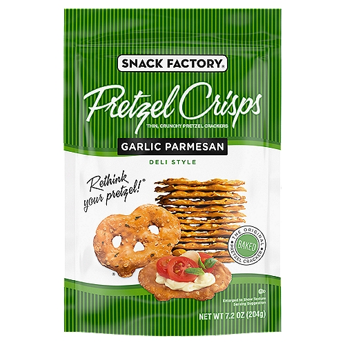 Snack Factory Pretzel Crisps Garlic Parmesan Deli Style Pretzel Crackers, 7.2 oz
Snack Factory® Garlic Parmesan Pretzel Crisps are a flavorful twist on traditional pretzels. Baked thin and crunchy along with savory garlic and parmesan, this snack is a tasty alternative to an old favorite. Pretzel Crisps give you the best part of pretzels without the doughy center. That means our Pretzel Crisps are always thin and tasty with the hearty crunch you love. Baked just right, they pair perfectly with your favorite veggie dips or artichoke dips and are a great addition to a charcuterie board. They're also sure to satisfy straight out of the bag. Dippable, toppable, and incredibly snackable, Pretzel Crisps are ideal to serve at parties or share with friends and family. You'll also want to keep plenty of them on hand as a delicious anytime snack. Our resealable, 7.2-ounce pretzel bags help keep your Pretzel Crisps fresh while making it easy to stock your pantry. Dip or no dip, our Garlic Parmesan Pretzel Crisps are flat-out delicious.