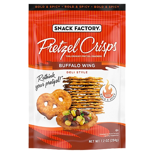 Snack Factory Pretzel Crisps Buffalo Wing Deli Style Pretzel Crackers, 7.2 oz
Snack Factory Buffalo Wing Pretzel Crisps are a modern twist on traditional pretzels. Made with quality ingredients and baked up with a sprinkling of spicy flavor on top, this is a gourmet alternative to an old favorite. Our Pretzel Crisps give you the best part of pretzels without the doughy center, so they're always thin and tasty with the crunch you love. Baked just right, they pair perfectly with cheese spreads, blue cheese dressing, or a simple slice of cheddar; they're also a zesty partner for celery sticks. They're also sure to satisfy your buffalo wing cravings straight out of the bag. Picking up a resealable, Party Size pretzel bags make it easy to stock your pantry. Dippable, toppable, and incredibly snackable, Pretzel Crisps are ideal for serving at parties as well as anytime snacking with your family. The resealable 7.2-ounce bag helps keep that spicy flavor fresh. Dip or no dip, our Snack Factory Buffalo Wing Pretzel Crisps are flat-out delicious.
