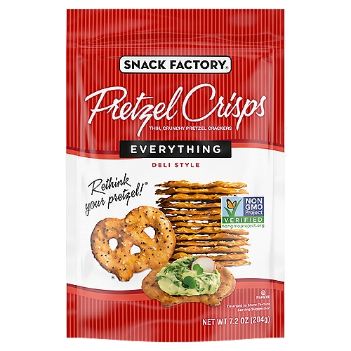 Snack Factory Pretzel Crisps Everything Deli Style Pretzel Crackers, 7.2 oz
Dip or no dip, Snack Factory Everything Pretzel Crisps are flat-out delicious. Our Everything Pretzel Crisps are generously sprinkled with poppy seeds, onion, garlic and salt. These thin, crunchy pretzel chips give you the best part of traditional pretzels without the doughy center. Made with quality ingredients and Non-GMO Project Verified, they're perfectly seasoned and baked just right for a hearty, satisfying crunch in a slim, sturdy shape. This 7.2-ounce bag contains about 7 servings.
