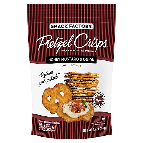 Snack Factory Pretzel Crisps Honey Mustard & Onion Deli Style Pretzel Crackers, 7.2 oz
Snack Factory® Honey Mustard and Onion Pretzel Crisps are a modern twist on traditional pretzels. Made with quality ingredients and baked up thin and crunchy, they marry the tangy flavor of mustard and onion with the irresistible sweetness of honey for bold flavor. Pretzel Crisps give you the best part of pretzels without the doughy center, for a satisfying, hearty crunch in a sturdy shape that's dippable, toppable, and deliciously snackable. Made from quality ingredients and baked just right, Pretzel Crisps' slim but sturdy profile holds up to any of your favorite dips. Layer your favorite deli lunch meat, a small slice of cheese, mustard, and mayo between two pretzels - yum! These delicious honey mustard and onion pieces are also sure to satisfy your cravings straight out of the bag. You'll want to keep plenty of resealable 7.2-ounce pretzel bags in your pantry as they make a delicious anytime snack for family and friends. Dip or no dip, Honey Mustard and Onion Pretzel Crisps are flat-out delicious.