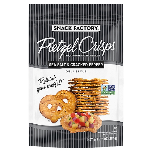 Snack Factory Sea Salt & Cracked Pepper Pretzel Crisps are a modern twist on traditional pretzels. Baked up thin and crunchy with gourmet flavor, they make a satisfying snack paired with dips, or straight out of the bag. The resealable, 7.2-ounce bag of our Pretzel Crisps is perfect for sharing.