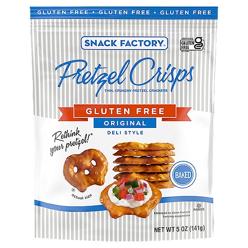 Snack Factory Gluten Free Original Deli Style Pretzel Crisps, 5 oz
Just like the original, these Gluten Free Pretzel Crisps are perfectly salted and give you that satisfying, hearty crunch in a versatile shape that's dippable, spreadable, and deliciously snackable. Try with salsa, hummus, chili, cheese, peanut butter and all your favorite dips. Or for a sweet treat, dip 'em in chocolate, ice cream or yogurt. Since 2004, Snack Factory Pretzel Crisps have been a modern twist on an old favorite. Pretzel Crisps are the best part of the pretzel - thin and flavorful with the crunch you love. They're dippable, spreadable, and deliciously snackable. With great gourmet taste from quality ingredients, it's the perfect snack anytime. Dip or no dip, they're flat-out delicious!