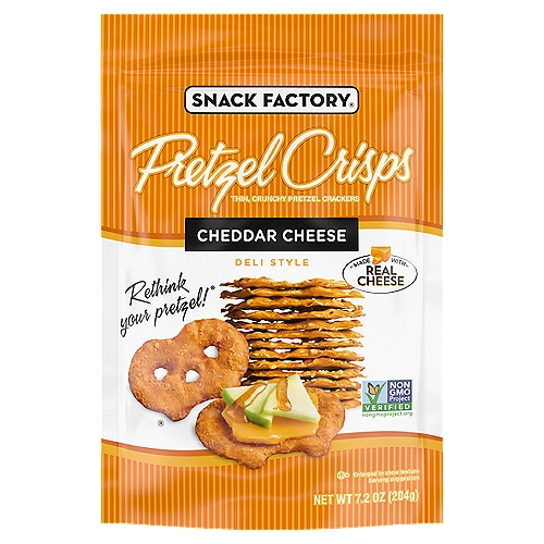 Snack Factory Cheddar Pretzel Crisps are a modern twist on traditional pretzels. Baked with real cheddar cheese, they're always thin and crunchy. They make a satisfying snack paired with your favorite dip or right out of the bag. The resealable, 7.2-ounce bag of Pretzel Crisps helps keep your snacks fresh.