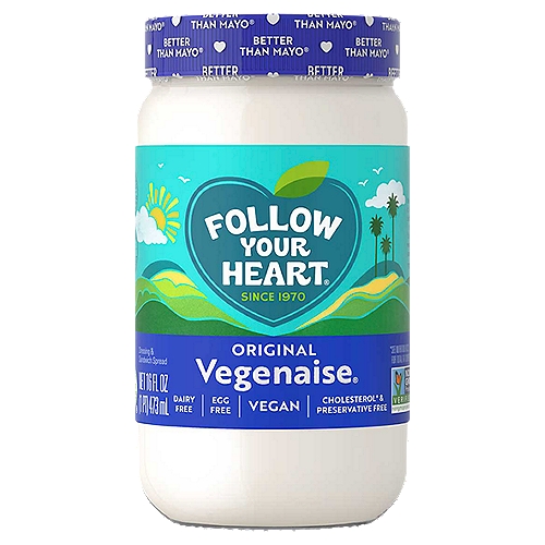 Enjoy real mayonnaise taste with Follow Your Heart® world-famous, egg-free Original Vegenaise®. It's made fresh without preservatives or artificial flavors, and blended with premium, expeller-pressed, non-GMO oils extracted without harsh chemicals. Vegenaise® is also low in saturated fats and is cholesterol free making it a great choice for you and your family. Perfect for sandwiches, spreads and anywhere you would use mayo, Vegenaise® is Better Than Mayo®!