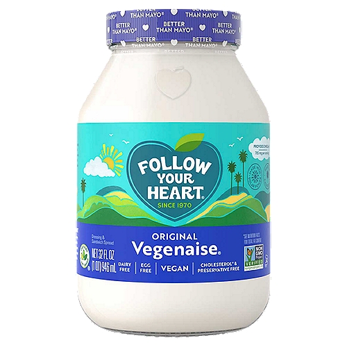 Follow Your Heart Vegenaise Original Dressing & Sandwich Spread, 32 fl oz
Enjoy real mayonnaise taste with Follow Your Heart® world-famous, egg-free Original Vegenaise®. It's made fresh without preservatives or artificial flavors, and blended with premium, expeller-pressed, non-GMO oils extracted without harsh chemicals. Vegenaise® is also low in saturated fats and is cholesterol free making it a great choice for you and your family. Perfect for sandwiches, spreads and anywhere you would use mayo, Vegenaise® is Better Than Mayo®!
