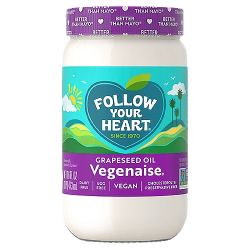 Follow Your Heart Vegenaise Grapeseed Oil Dressing & Sandwich Spread, 16 fl oz
Enjoy the light, nutty taste that you'll find our Grapeseed Oil Vegenaise®. Grapeseed oil is a uniquely nutritious, sustainable by-product of the wine industry. By upcycling the would-be discarded seeds, the oil is extracted using a gentle cold-press process maintaining its delightful flavor. Made fresh without preservatives or artificial flavors, Grapeseed Oil Vegenaise® is non-GMO and is low in saturated fats and is cholesterol free making it a great choice for you and your family. Perfect for sandwiches, spreads and anywhere you would use mayo, Vegenaise® is Better Than Mayo®!