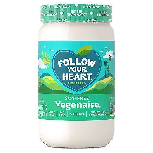Follow Your Heart Vegenaise Soy-Free Dressing & Sandwich Spread, 16 fl oz
Just like the original world-famous, egg-free Vegenaise®, but now soy-free! Our Soy-Free Vegenaise® is smooth, creamy, delicious, vegan, egg-free and Better than Mayo®! It's made fresh without preservatives or artificial flavors, and blended with premium, expeller-pressed, non-GMO oils extracted without harsh chemicals. Our Soy-Free Vegenaise® is also low in saturated fats and is cholesterol free making it a great choice for you and your family. Perfect for sandwiches, spreads and anywhere you would use mayo.
