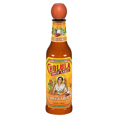 If you are a fan of garlic, Cholula Chili Garlic Hot Sauce belongs on your table. The robust flavor of garlic comes alive when blended with arbol and piquin chili peppers and our signature spices to create a hot sauce with mild to medium heat and a whole lotta of garlic goodness. Our hot sauce delivers a garlicky, spicy kick that pairs well with pasta dishes - think mac n' cheese and Italian sausage penne. And, naturally this authentic Mexican hot sauce is a must for tacos, salsa and chili. Add a dash to wings, breakfast sandwiches and even ramen! An authentic product of Mexico - from our distinctive wooden cap, to the delicious garlic-infused chili sauce inside, every bottle of Cholula is a celebration of great food, flavor and our Mexican roots.