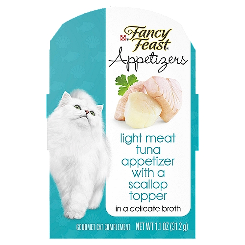 Purina Fancy Feast Wet Cat Food Complement, Appetizers Tuna With Scallop Topper - 1.1 oz. Tray
Speak to your cat's sophisticated tastes when you offer her Purina Fancy Feast Appetizers Light Meat Tuna With a Scallop Topper in a Delicate Broth cat complement. The real, recognizable ingredients look good enough for you to eat, but this tempting complement is specially created for your adult cat's discerning taste buds. Let her savor the tender, flaked tuna texture in every bite, and watch as she enjoys the delicate broth. Intended as a complement to her complete and balanced diet, this seafood appetizer indulges your cat's sophisticated palate. We package this enticing complement in a convenient peel-and-serve tray, so there's no cleanup to worry about. Offer this Purina Fancy Feast Appetizer when your cat wants a bit of added gourmet goodness, and show her just how much you care about giving her delectable flavor options between meals.