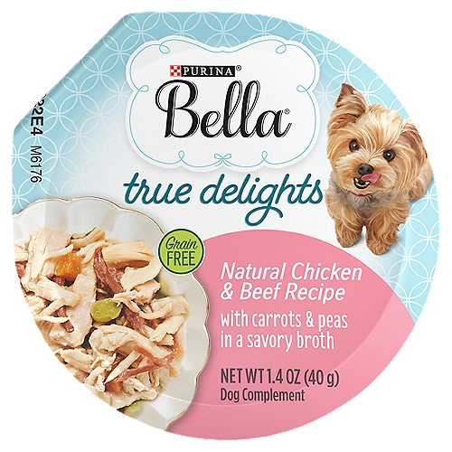 Purina Bella True Delights Grain Free Dog Food Toppers, Natural Chicken - 1.4 oz. Tray
Enhance your dog's meals with Purina Bella True Delights Natural Chicken and Beef Recipe With Carrots and Peas in a Savory Broth adult dog food toppers. She loves variety, and you love to pamper her, which is why this natural grain free wet dog food topper recipe is sure to make both of you happy. We thoughtfully craft our premium dog food toppers with delicate cuts of real chicken and beef paired with carrots and peas you can see in a savory broth. These natural and grain free dog food toppers are the perfect way to add a little something special to her everyday meals. Mix the wet dog food toppings into her Purina Bella dry kibble for extra flavor and a tender texture. When offered as enticing dog snacks, Bella True Delights food toppers for dogs remind her how very much she means to you. You don't find artificial flavors, colors or preservatives in our grain free dog food toppers — just the wholesome, high-quality ingredients you want for her at every shared feeding occasion.
