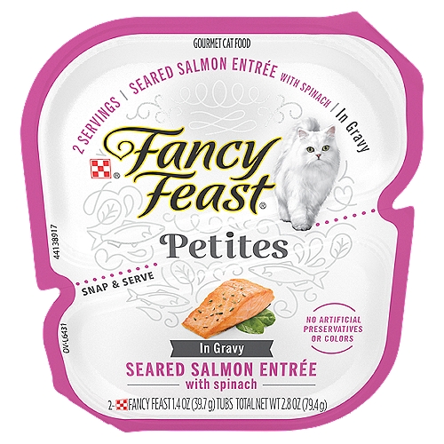 Purina Fancy Feast Petites Seared Salmon Entrée in Gravy Gourmet Cat Food, 1.4 oz, 2 countnHelp your cat find her sea legs when you break apart a tub of this Purina Fancy Feast Petites Seared Salmon Entree With Spinach in Gravy gourmet wet cat food at dinnertime.