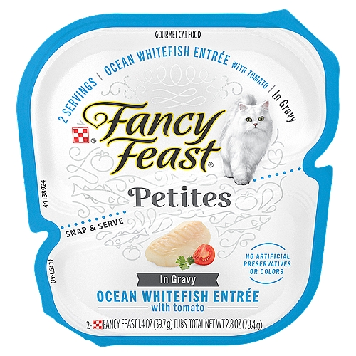 Fancy Feast Petites Ocean Whitefish Entrée with Tomato in Gravy Gourmet Cat Food, 1.4 oz, 2 count
Fancy Feast Petites Ocean Whitefish Entrée with Tomato in Gravy is formulated to meet the nutritional levels established by the AAFCO Cat Food Nutrient Profiles for maintenance of adult cats.
