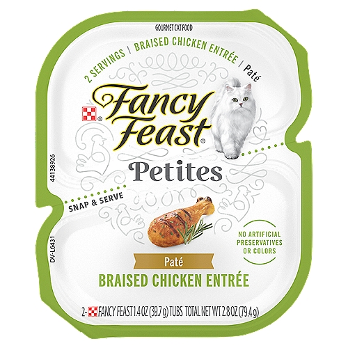 Fancy Feast Petites Braised Chicken Entrée Paté Gourmet Cat Food, 1.4 oz, 2 count
Fancy Feast Petites Braised Chicken Entrée is formulated to meet the nutritional levels established by the AAFCO Cat Food Nutrient Profiles for all life stages.